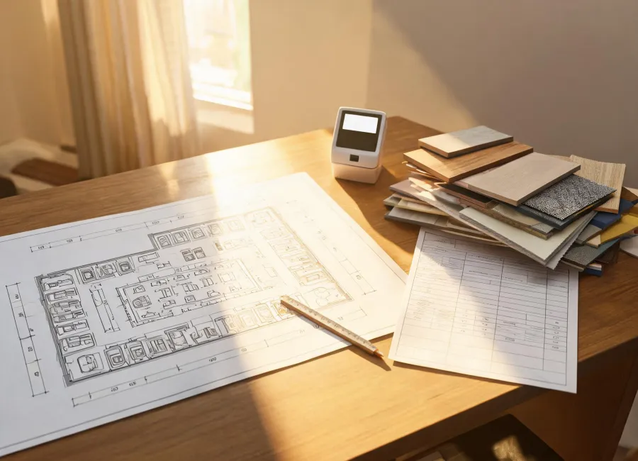 Arcade planning desk with floor drawing