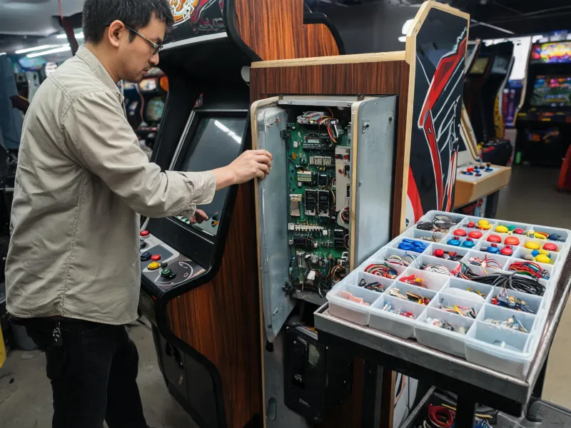 Route operator servicing arcade cabinet