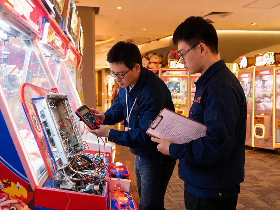 Technicians commissioning arcade floor